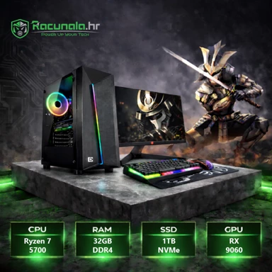 BAB Stolno računalo SAMURAI Set / AMD Ryzen 7 5700, 32 GB DDR4, 1 TB NVMe SSD, AMD Radeon RX 9060 8 GB, Windows 11 Pro, WiFi + monitor 24", tipkovnica, miš, podloga